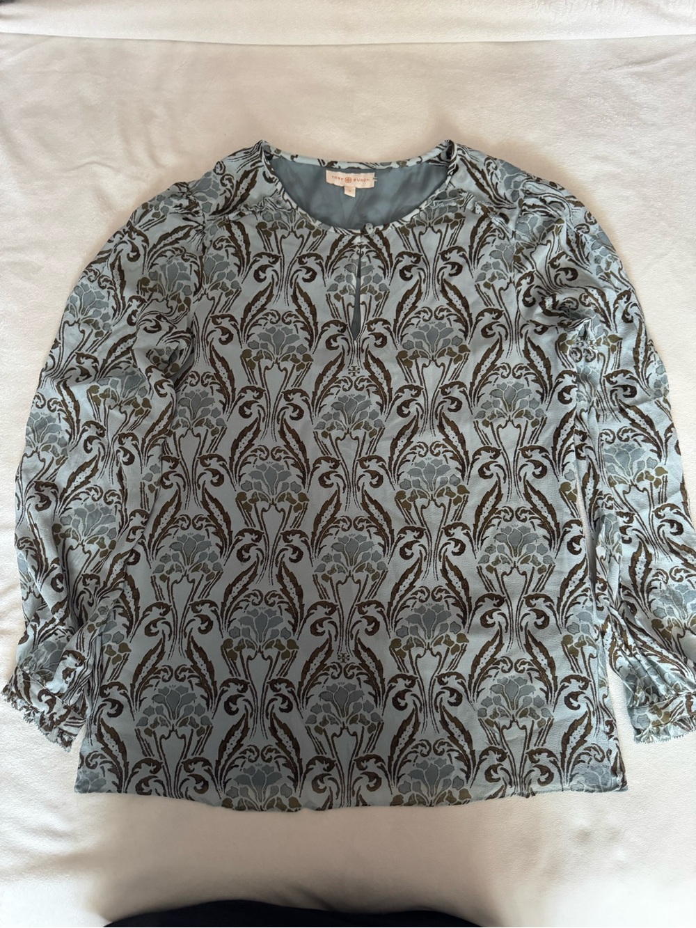 Tory Burch Light Blue and Brown Floral-Pattern Silk Blouse